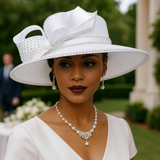 White church hat styled for wedding guests and high tea occasions