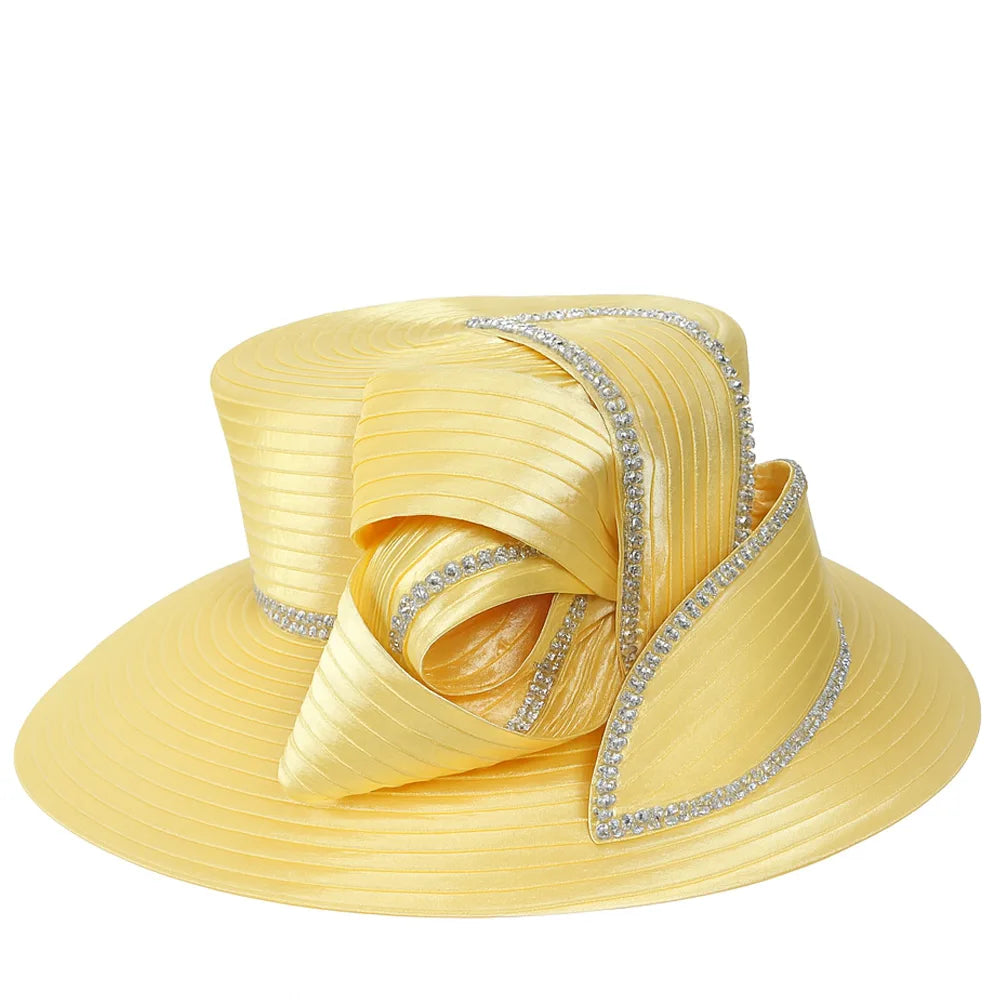 FORBUSITE yellow church hat with rhinestone bow for Easter and Kentucky Derby outfits
