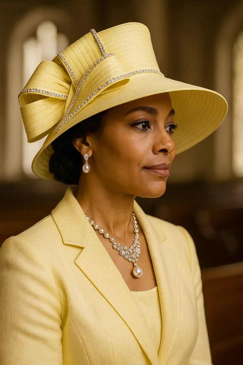 Elegant yellow church hat for women with large rhinestone bow, perfect for Sunday service and formal church events.
