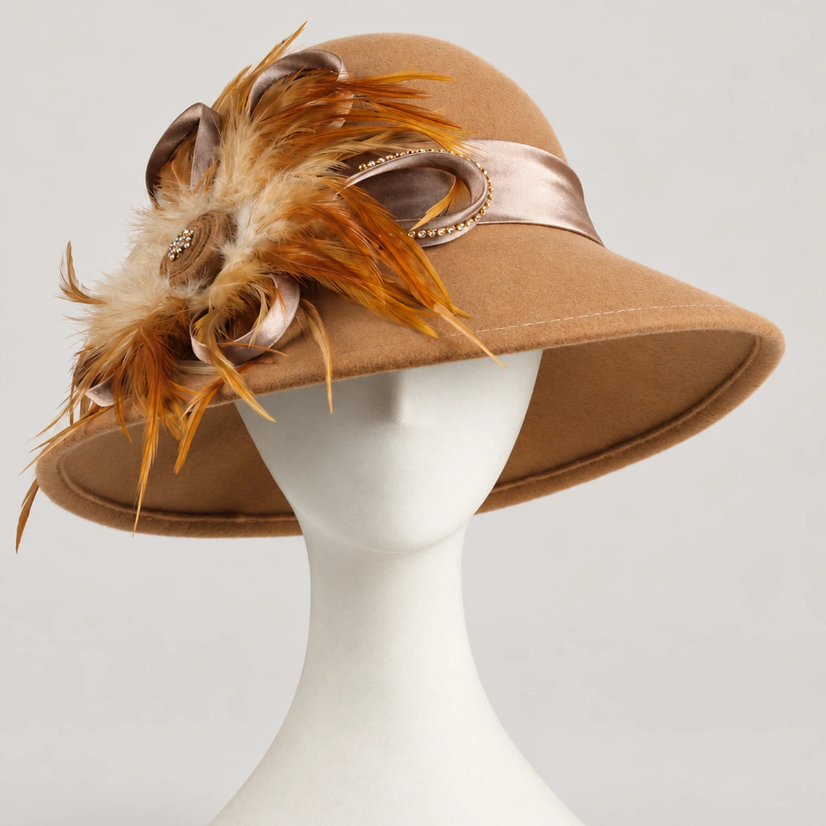 Camel wool church hat displayed on a white mannequin, showing its structured brim