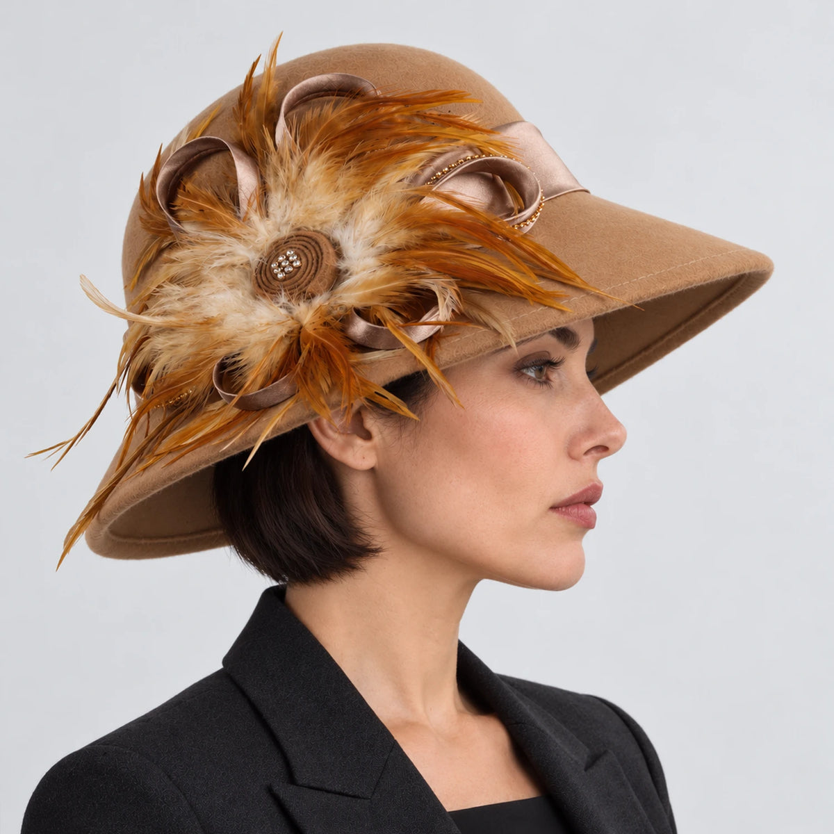Side profile of a woman wearing the camel Z025M hat, showing the brim and feather trim