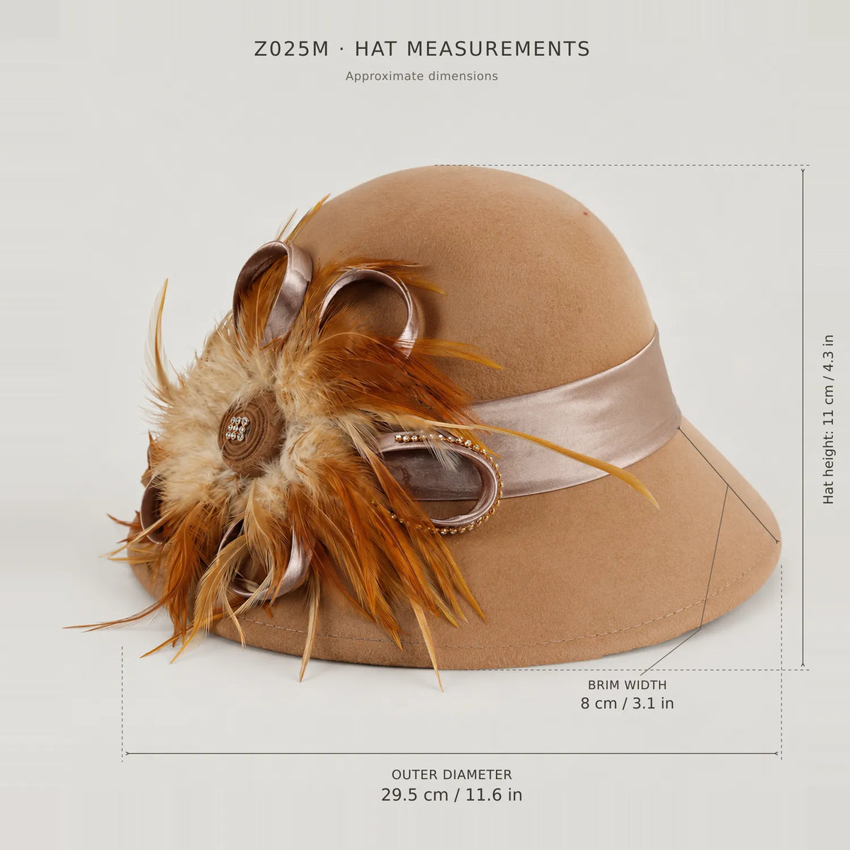 Camel Z025M wool church hat measurement image showing 11 cm hat height, 8 cm brim width and 29.5 cm outer diameter