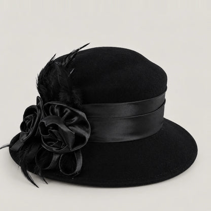 Black Z026H wool hat with ribbon flowers and feather accents, displayed without a mannequin