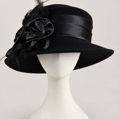 Black Z026H wool church hat with side ribbon flowers and feathers on a white mannequin