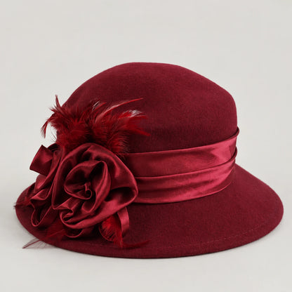 Burgundy Z026H wool hat with satin flowers and feathers, displayed without a mannequin