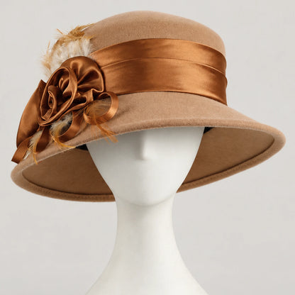 Camel Z026H wool church hat with satin ribbon flowers, feathers and a curved brim