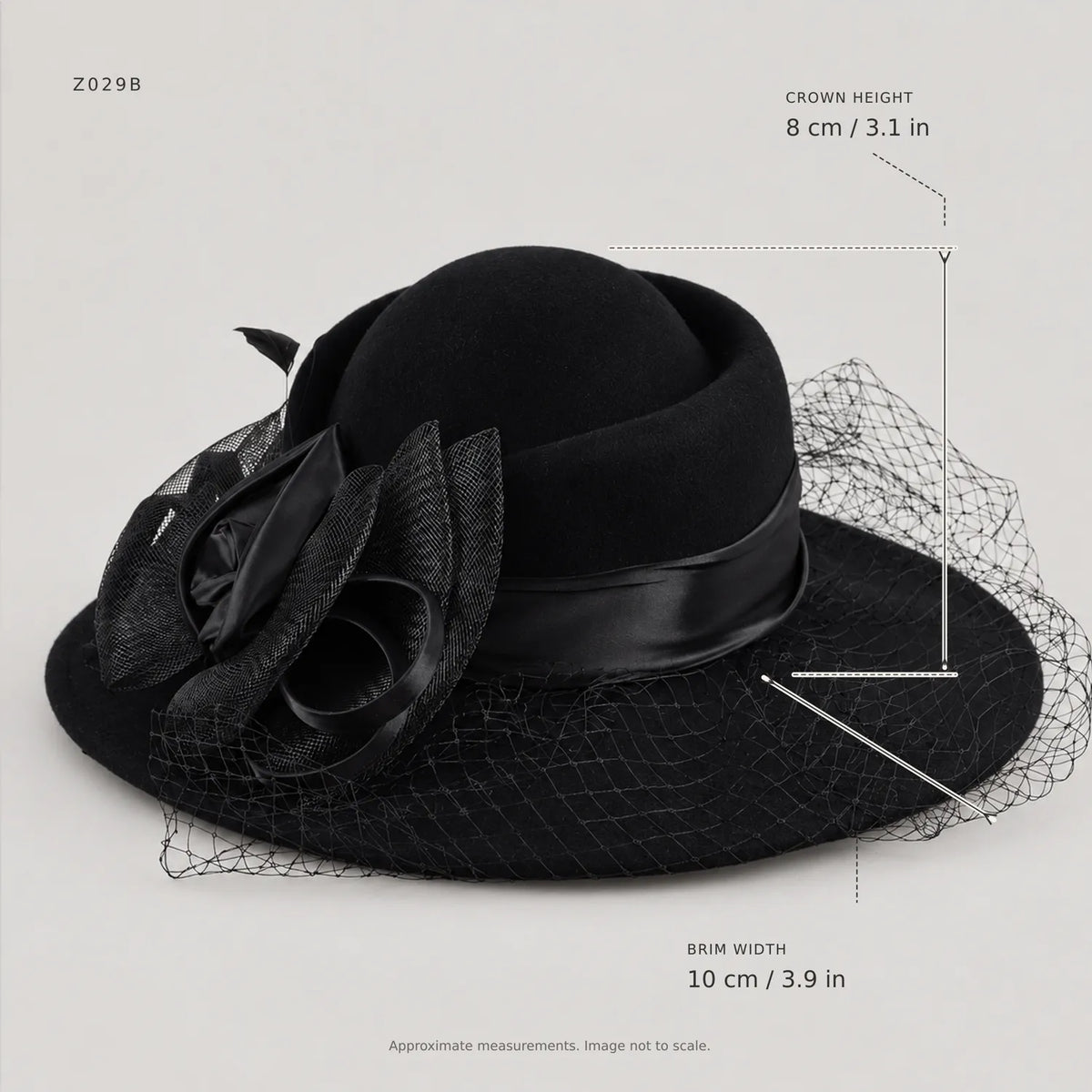 Black Z029B hat dimension guide marking an approximately 10 cm brim and 8 cm crown height.
