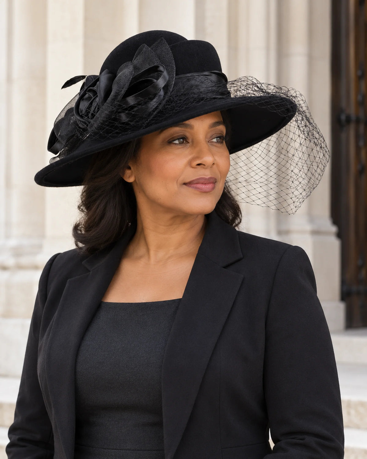 Woman wearing the black Z029B veil hat with a dark tailored jacket beside a stone building.