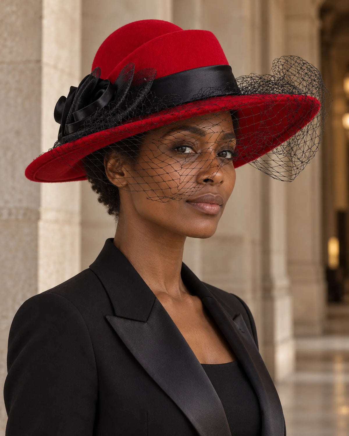 Woman wearing the red Z029B wide brim hat with black floral trim and mesh veil beside a stone building.