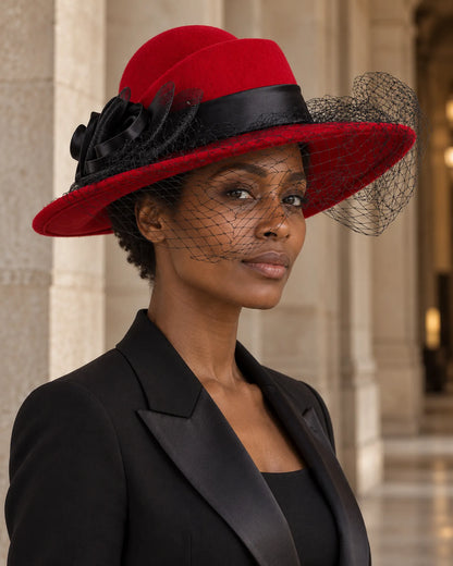 Woman wearing the red Z029B wide brim hat with black floral trim and mesh veil beside a stone building.