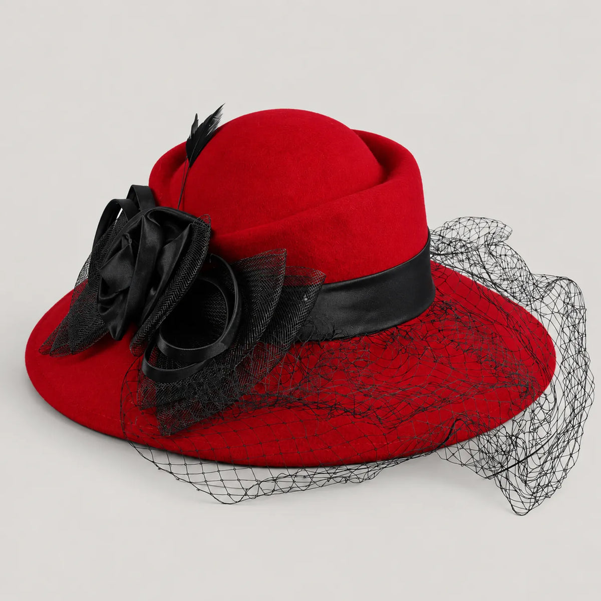 Red Z029B wide brim hat with black floral trim and mesh veil in angled product view.