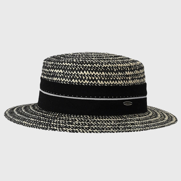 Classic black and white basket weave boater hat, designed for sophisticated summer style, perfect for sunny days.