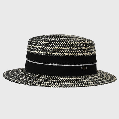Classic black and white basket weave boater hat, designed for sophisticated summer style, perfect for sunny days.