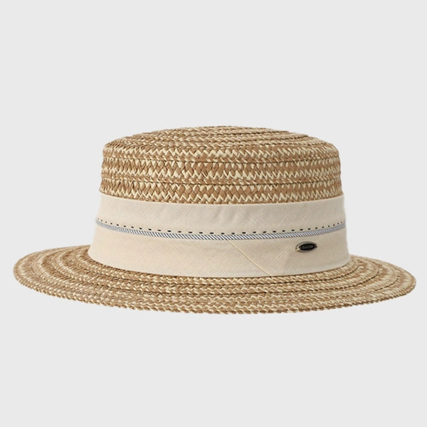 Stylish straw boater hat for summer, featuring a decorative band and a comfortable fit for casual outdoor wear.
