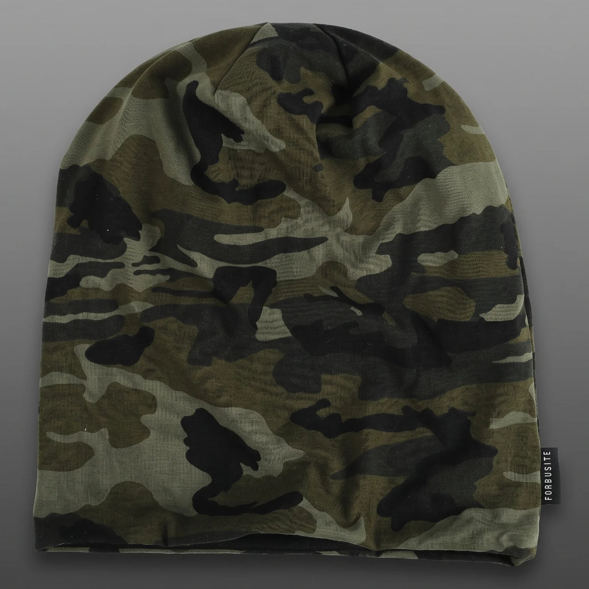 Forest green camo slouchy beanie laid flat with natural crown folds