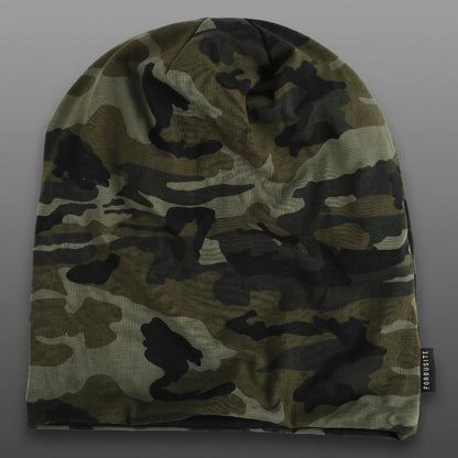 Forest green camo slouchy beanie laid flat with natural crown folds