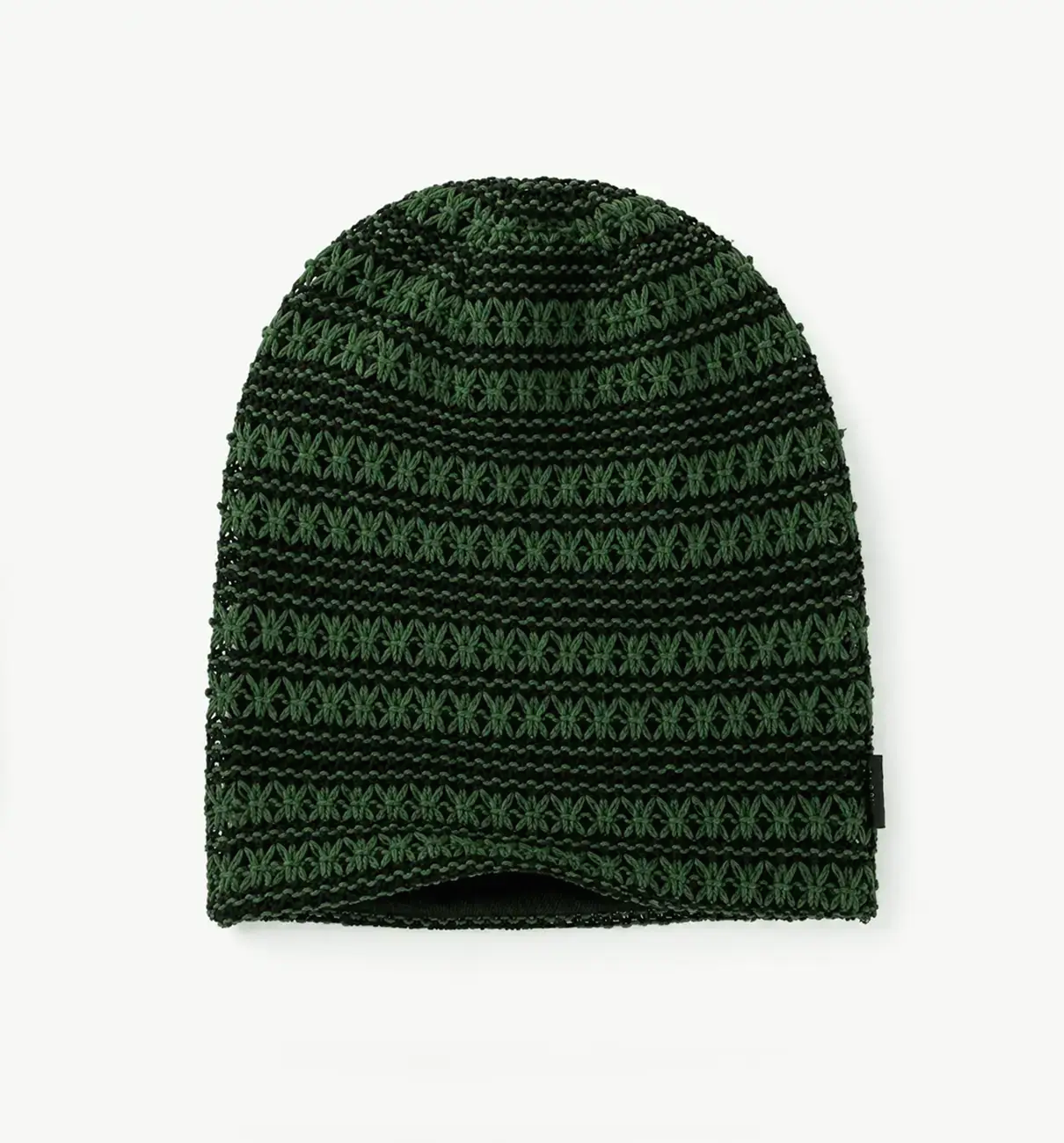 Forest green crochet slouchy beanie hat with lightweight floral knit texture