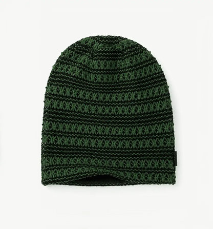 Forest green crochet slouchy beanie hat with lightweight floral knit texture