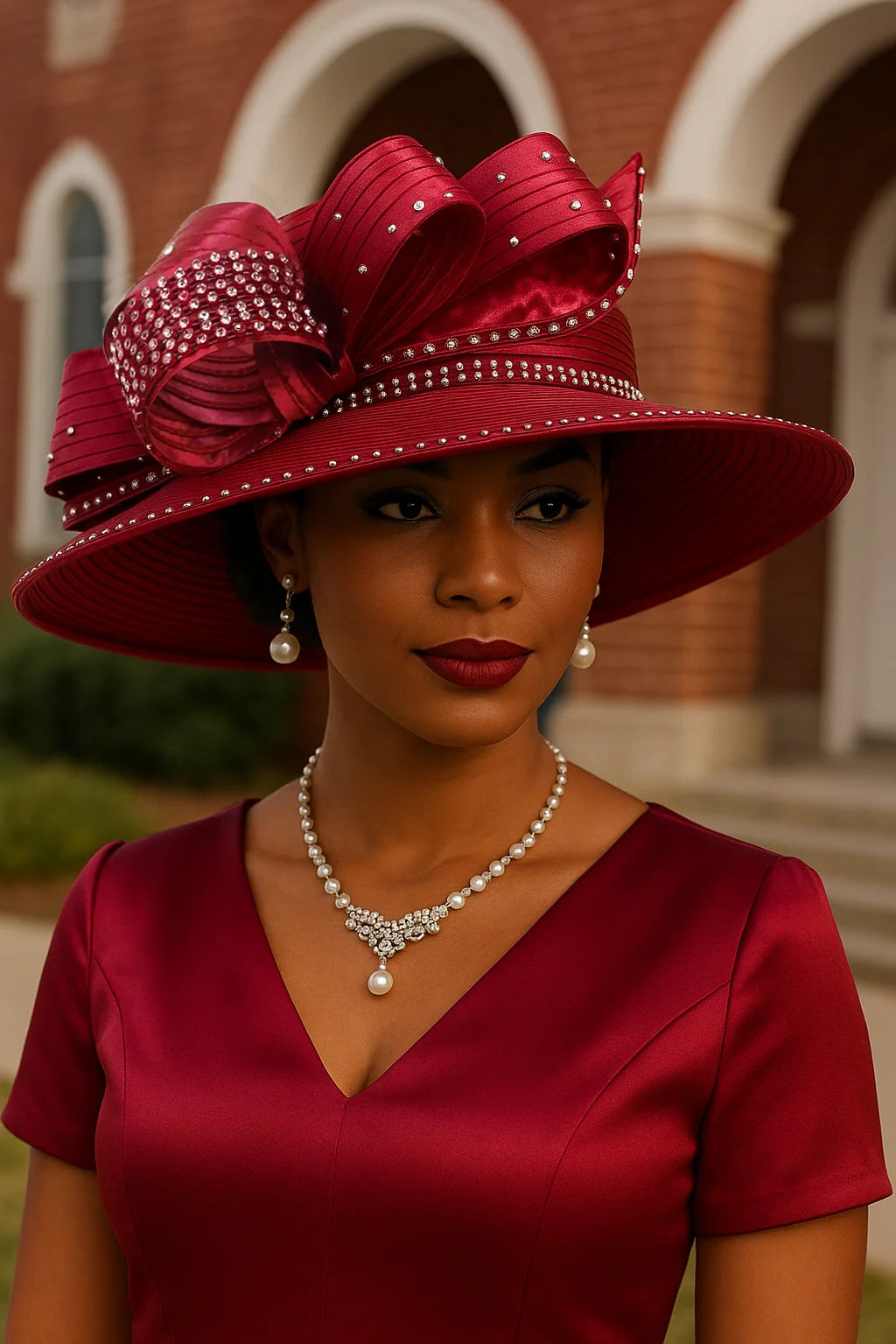 Burgundy women’s hat styled for formal events and elegant occasions.