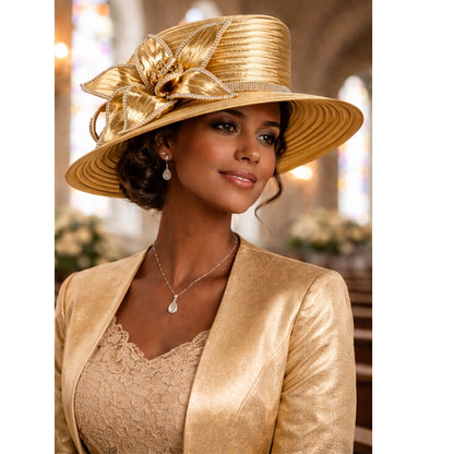 Luxurious gold church hat with an intricate flower design, perfect for high-end events, weddings, and religious ceremonies.
