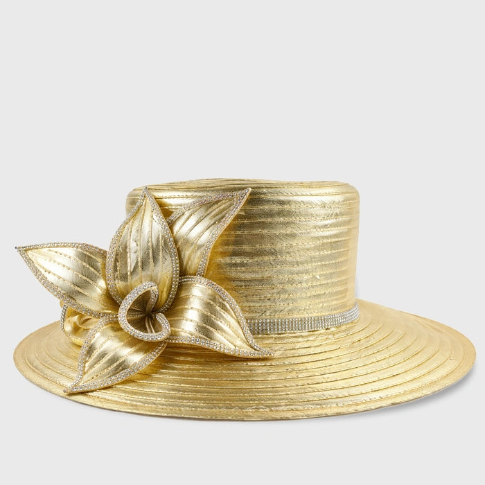 Elegant gold church hat featuring a flower detail and crystal accents, perfect for weddings, church services, and upscale events.