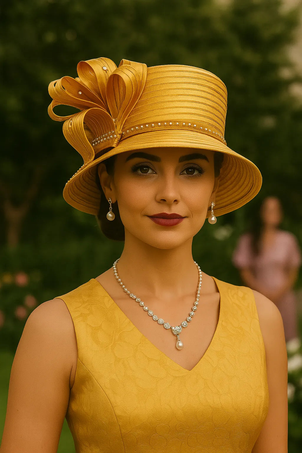Elegant woman wearing a golden church hat with decorative bow and pearls, paired with a matching dress and pearl jewelry, perfect for Sunday service or formal tea parties.