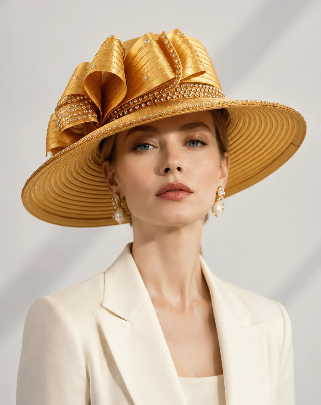 Elegant woman wearing a gold rhinestone church hat with wide brim and decorative bow, perfect for Sunday service, Easter celebrations and formal church events.