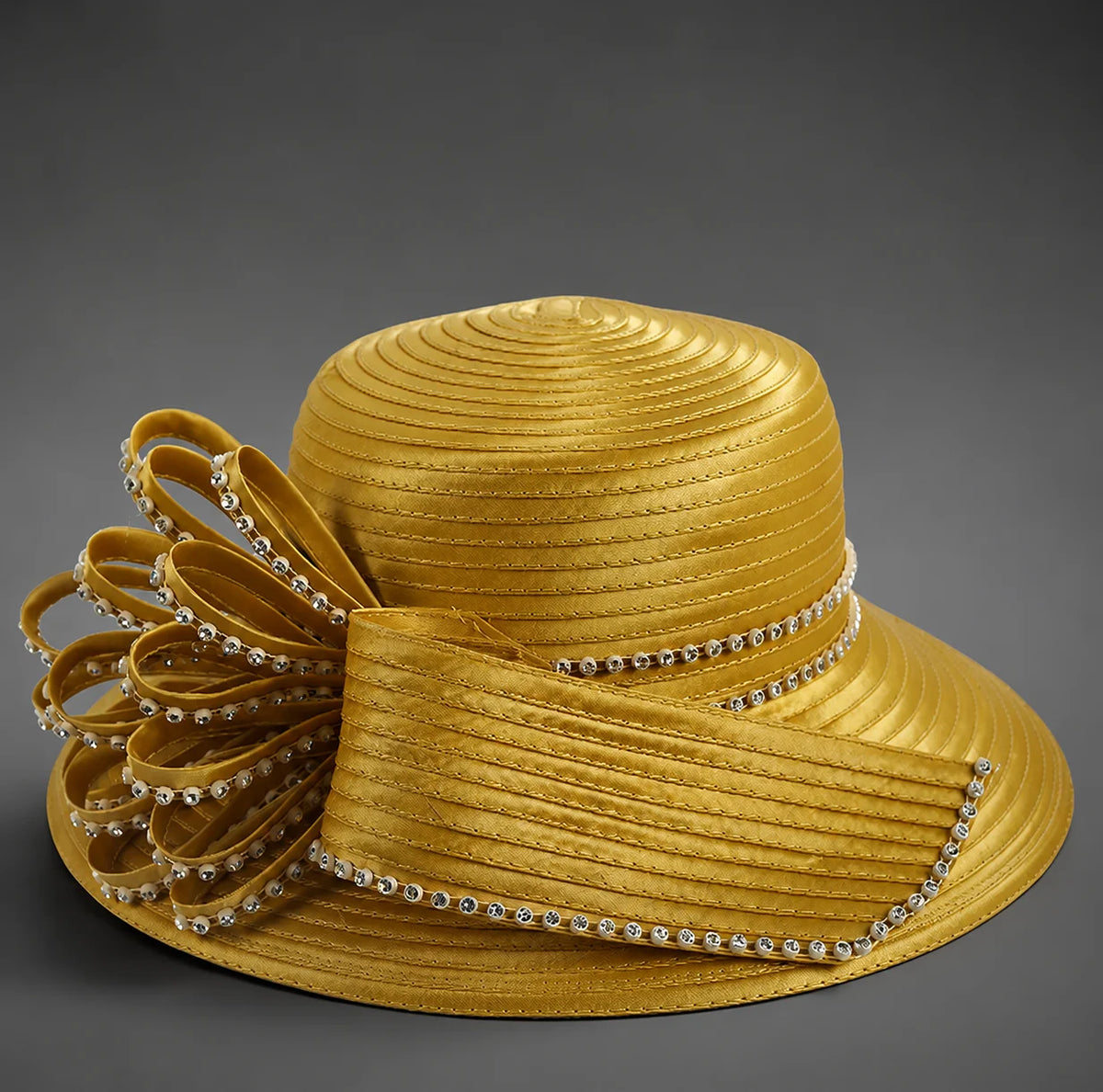 Gold yellow church hat with rhinestone bow and wide brim detail for Sunday service