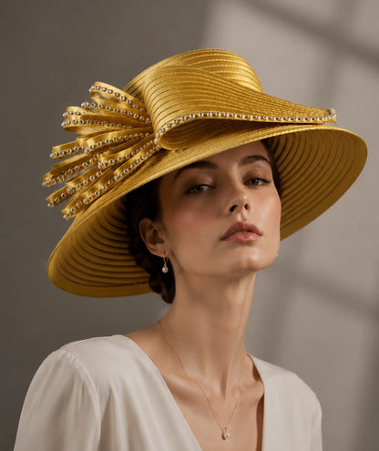 Gold yellow church hat with wide brim rhinestone bow for Easter Sunday service