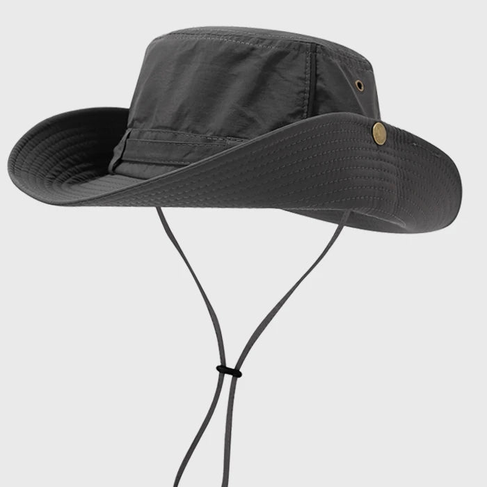 Gray waterproof boonie hat with a breathable design, adjustable chin strap, and wide brim for ultimate sun protection on your outdoor trips.