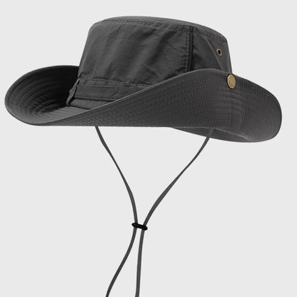 Gray waterproof boonie hat with a breathable design, adjustable chin strap, and wide brim for ultimate sun protection on your outdoor trips.