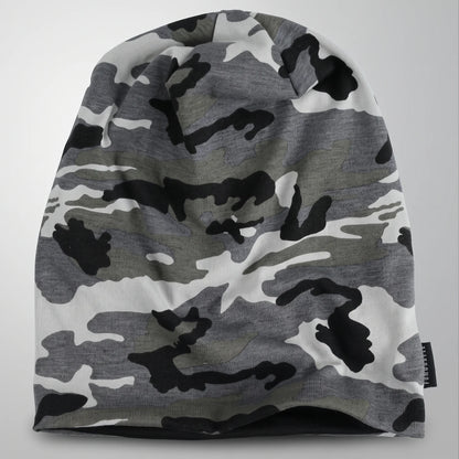 Gray camo slouchy beanie laid flat with a relaxed extended crown