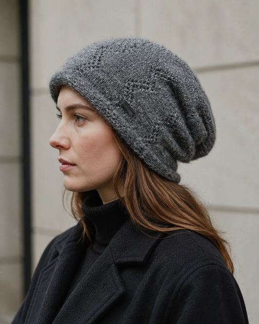 Woman wearing a gray fleece-lined slouchy beanie