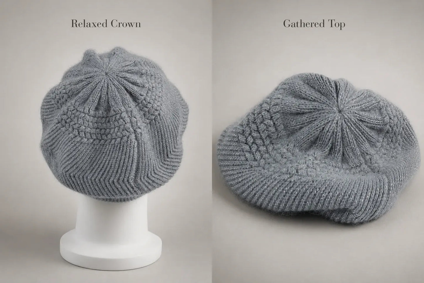 Gray knit visor beanie showing the relaxed crown and gathered top construction