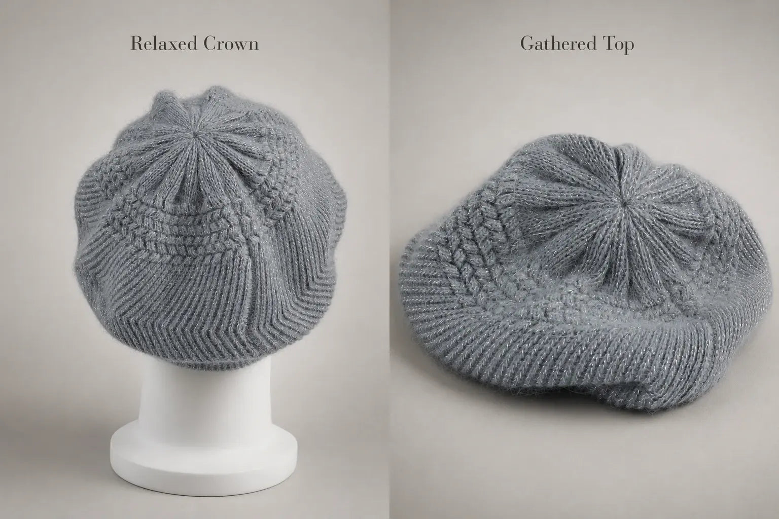 Gray knit visor beanie showing the relaxed crown and gathered top construction