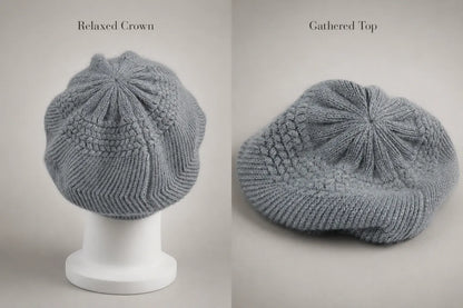 Gray knit visor beanie showing the relaxed crown and gathered top construction