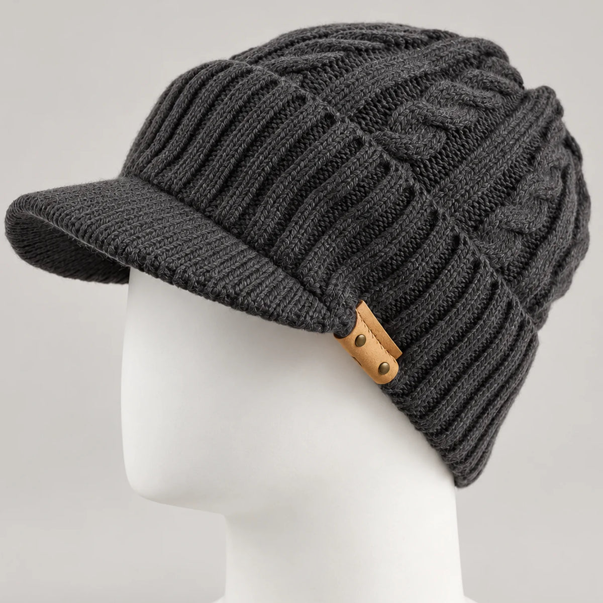 Gray women's knit visor beanie with a short brim and textured cable knit crown