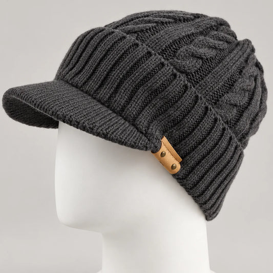 Gray women's knit visor beanie with a short brim and textured cable knit crown