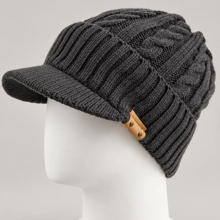 Gray women's knit visor beanie with a short brim and textured cable knit crown