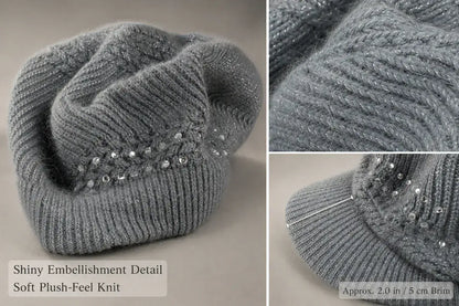 Gray sequin knit visor beanie detail showing the plush texture and 2 inch brim