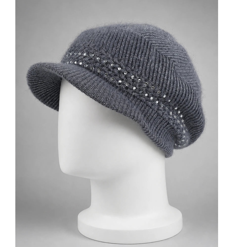 Gray women’s knit visor beanie with a relaxed crown and sequin detail
