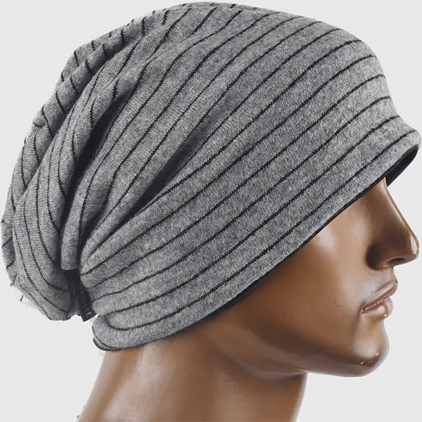 Gray striped slouchy beanie hat made of soft cotton, lightweight and oversized design for men and women