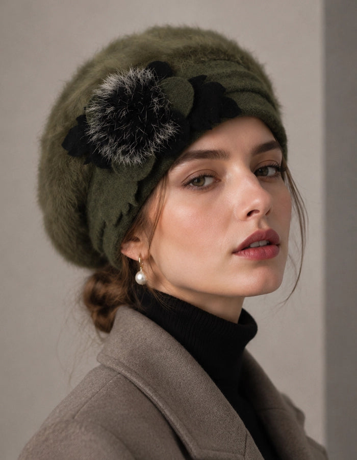 Green angora wool beret with black flower detail for women winter fashion