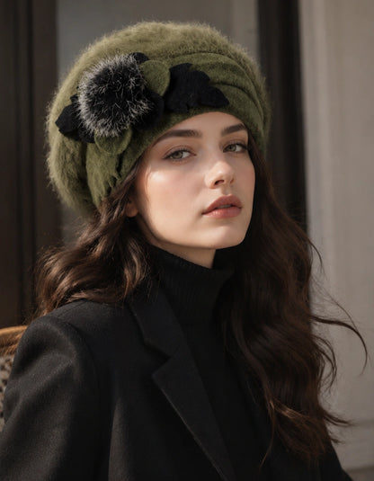 Green angora wool beret with black flower accent for women’s winter street style