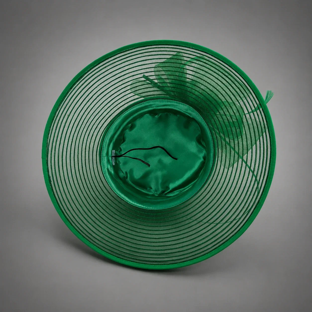 Green church hat underside showing 8 cm mesh brim structure and inner band detail