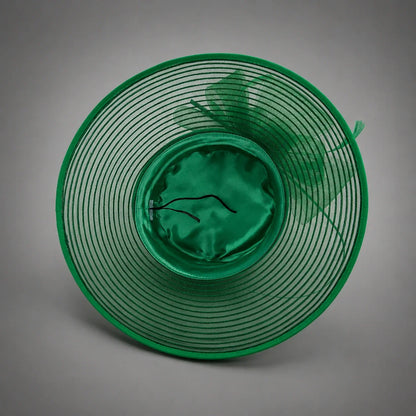 Green church hat underside showing 8 cm mesh brim structure and inner band detail