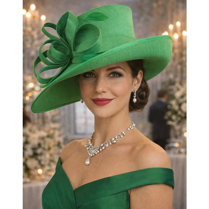 Elegant green church hat for women with floral ribbon, perfect for formal events, weddings, and Easter