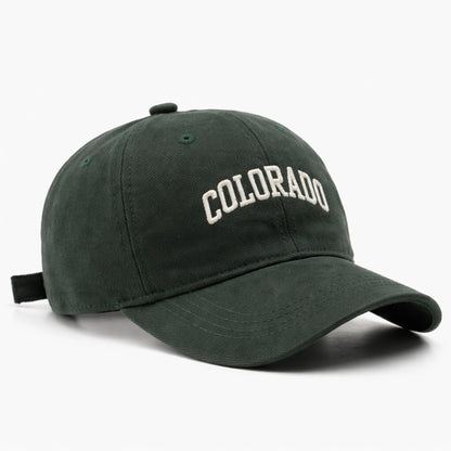 Green 'COLORADO' embroidered baseball cap, perfect for outdoor activities and laid-back fashion.