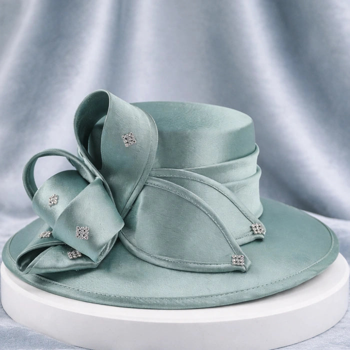 Stunning green satin formal church hat with sparkling crystal accents, perfect for garden parties and ceremonies.