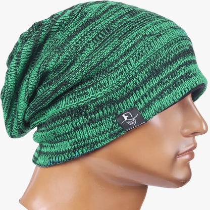 Green slouch beanie hat with stripe pattern, unisex street outfit accessory for casual looks